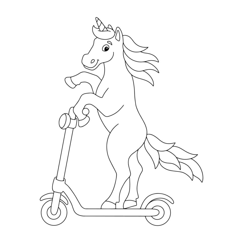l'unicorno va in scooter. pagina del libro da colorare per bambini. personaggio in stile cartone animato. illustrazione vettoriale isolato su sfondo bianco.
