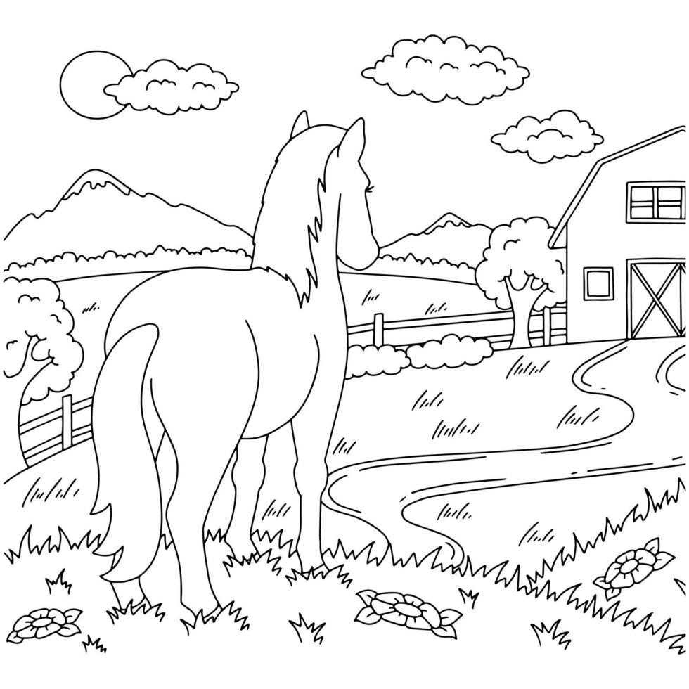 cavallo carino. animale da fattoria. pagina del libro da colorare per bambini. stile cartone animato. illustrazione vettoriale isolato su sfondo bianco.