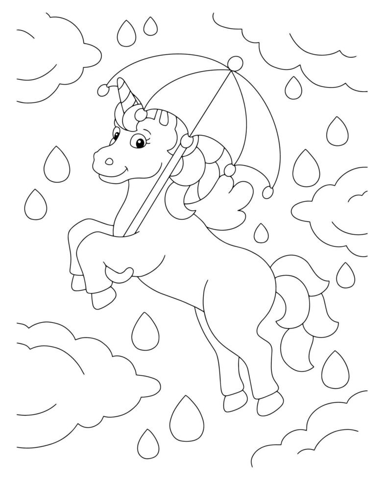 un simpatico unicorno vola nel cielo piovoso con un ombrello. pagina del libro da colorare per bambini. personaggio in stile cartone animato. illustrazione vettoriale isolato su sfondo bianco.
