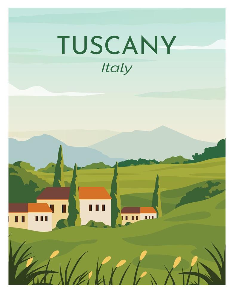 paesaggio in toscana italia con campi e alberi sullo sfondo. illustrazione vettoriale di disegno. poster design piatto.