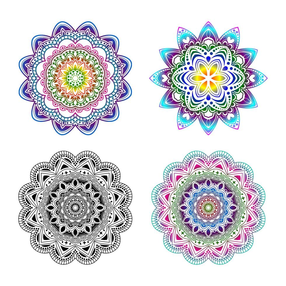 mandala. elemento decorativo d'epoca. mandala nei colori dell'arcobaleno. mandala con motivo floreale. modelli di yoga vettore