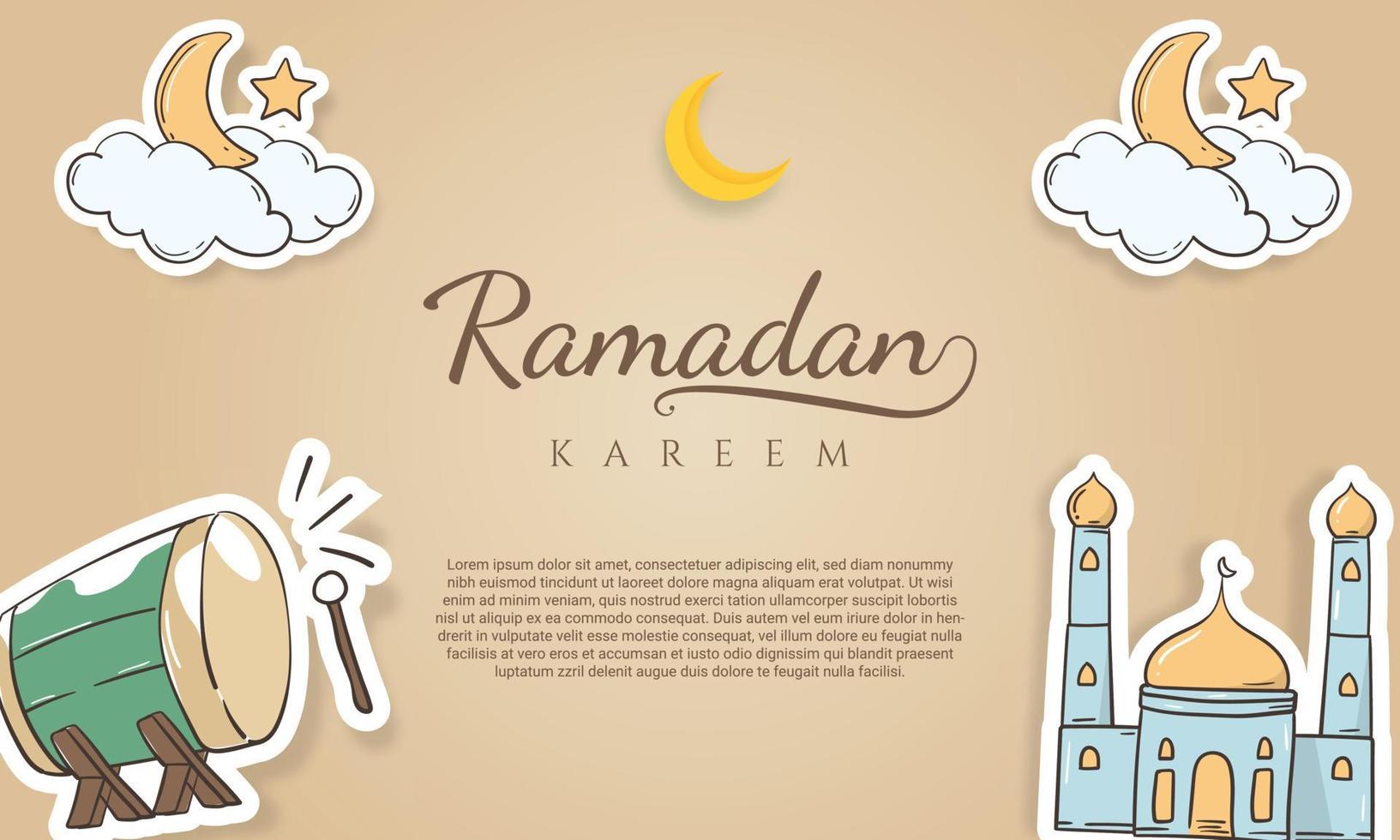 fondo disegnato a mano della cartolina d'auguri del ramadan di stile dell'autoadesivo vettore