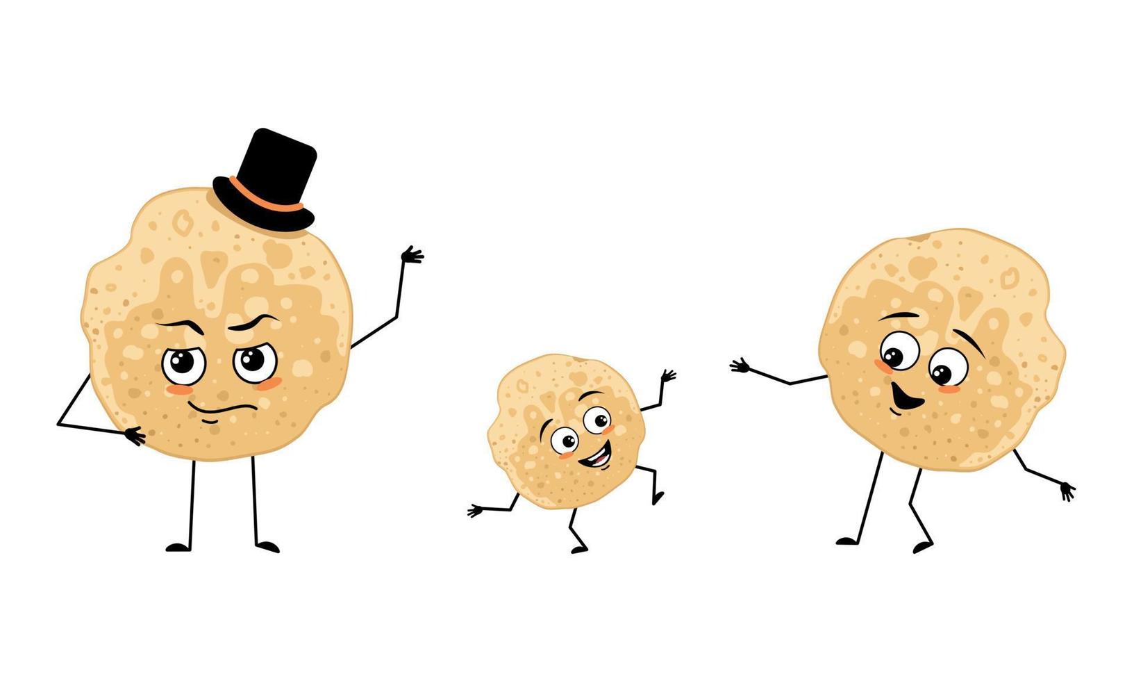 famiglia di personaggi di pancake con emozioni felici, viso sorridente, occhi felici, braccia e gambe. la mamma è felice, il papà indossa il cappello e il bambino balla. illustrazione piatta vettoriale