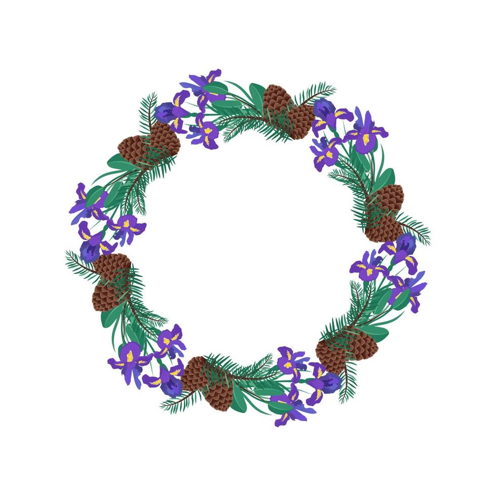 corona rotonda di fiori di iris con aghi e coni di abete. composizione a fioritura primaverile o cornice con foglie. decorazione festiva per matrimoni, vacanze e cartoline. illustrazione vettoriale