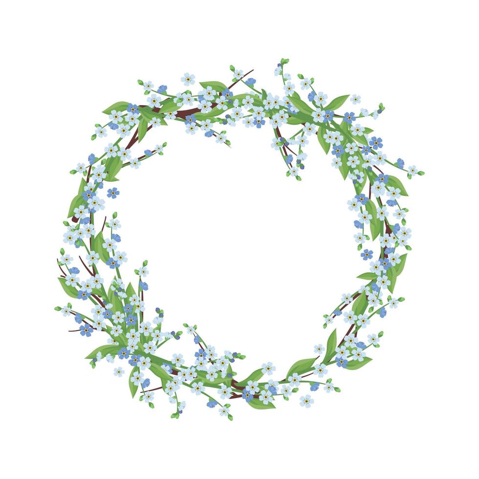 corona rotonda di blu non ti scordar di me fiori. composizione a fioritura primaverile o cornice con boccioli e foglie. decorazione festiva per matrimoni, vacanze, cartoline e design. illustrazione piatta vettoriale