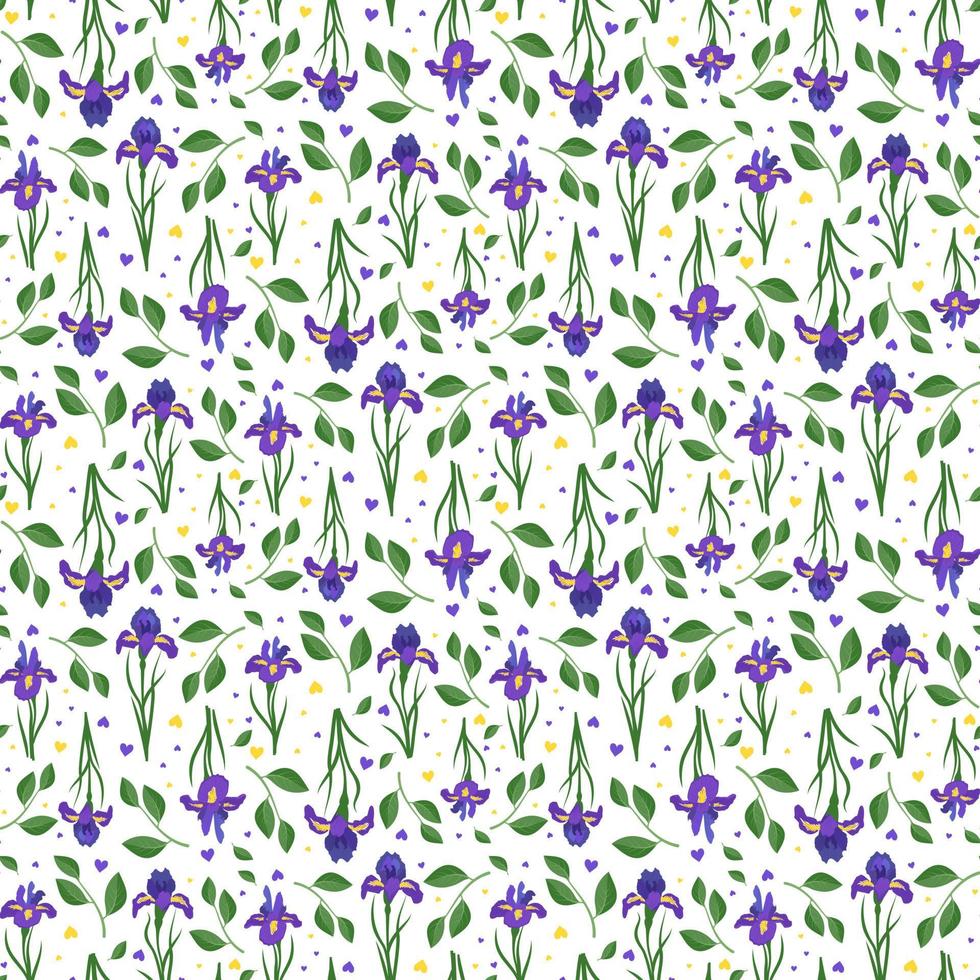 carino modello senza cuciture di fiori di iris. brillante stampa primaverile ed estiva con foglie e cuori verdi. decorazioni per le feste. illustrazione piatta vettoriale