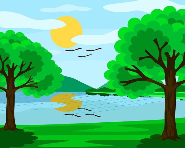Vista sul lago e sul cielo blu. Il sole, le nuvole e gli alberi. è una bellissima immagine naturale. vettore