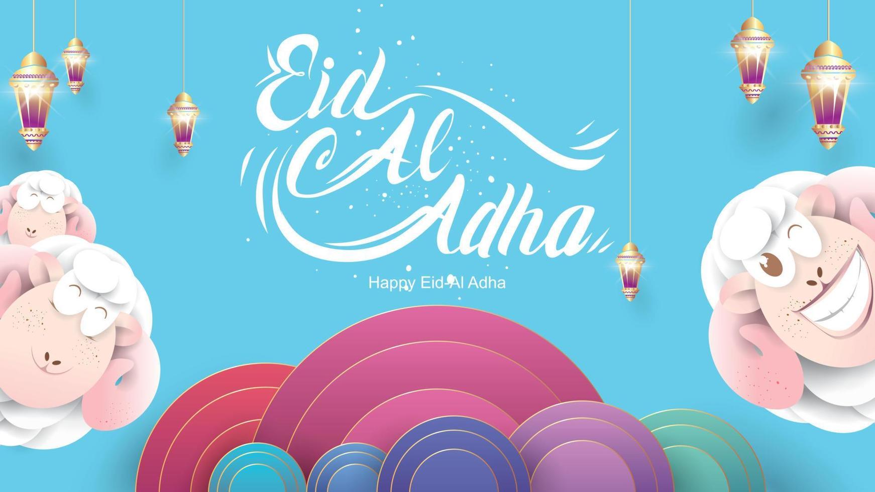 festa musulmana eid al-adha. il sacrificio di una pecora ariete. bel testo scritto a mano lettering design per poster grafico, biglietto di auguri ecc. saluto illustrazione vettoriale