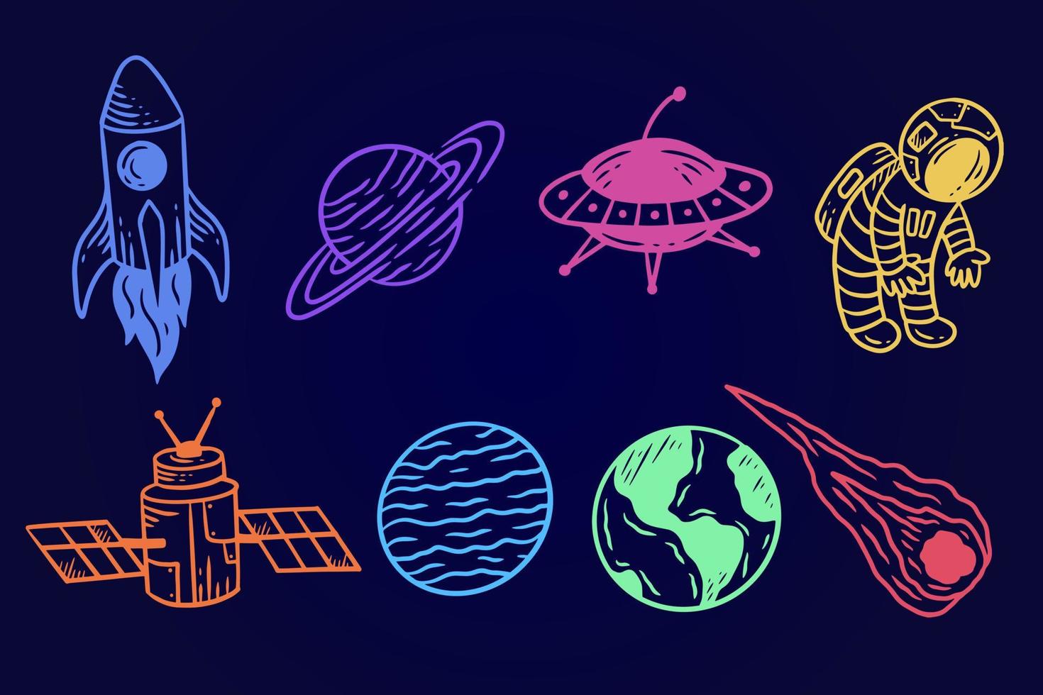 set di raccolta spazio planetario galassia pianeti astronauta cartone animato disegnato a mano colorato doodle piatto art vettore