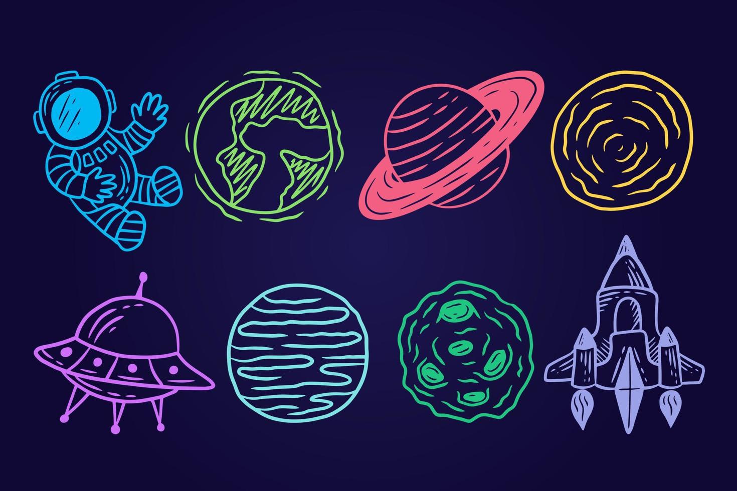 set di raccolta spazio planetario galassia pianeti astronauta cartone animato disegnato a mano colorato doodle piatto art vettore