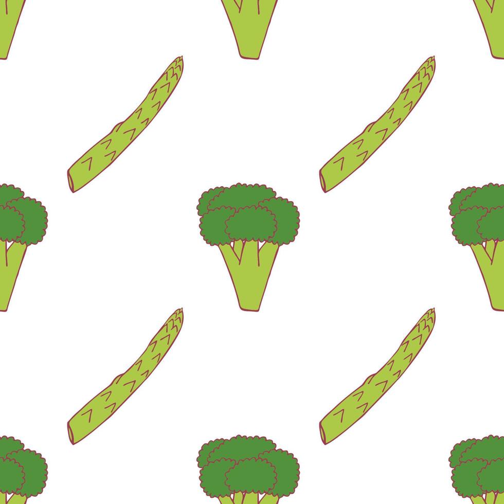 modello senza cuciture di broccoli e asparagi per il design della carta da parati. cibo fresco e maturo di colore. ortaggio sano biologico. cibo crudo, vegano, vegetariano. modello cartone animato su sfondo bianco. disegno di doodle di vettore. vettore