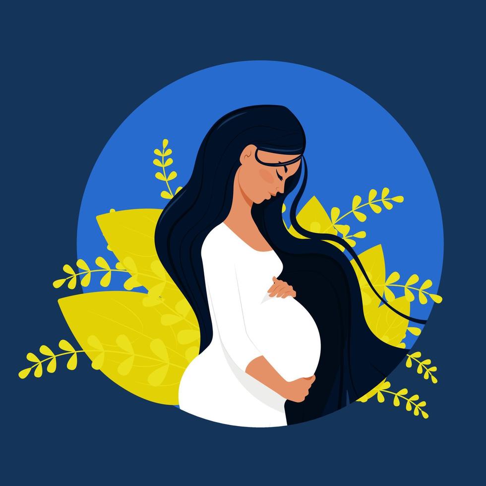 donna ucraina sconvolta incinta su uno sfondo di colori blu-gialli, illustrazione vettoriale in stile piatto.