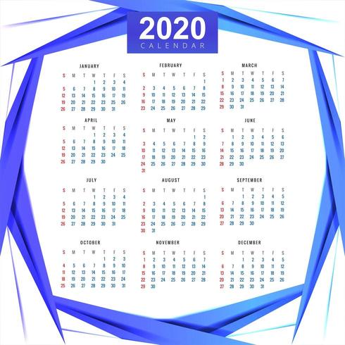 Pulito 2020 modello di calendario bella onda disegno vettoriale