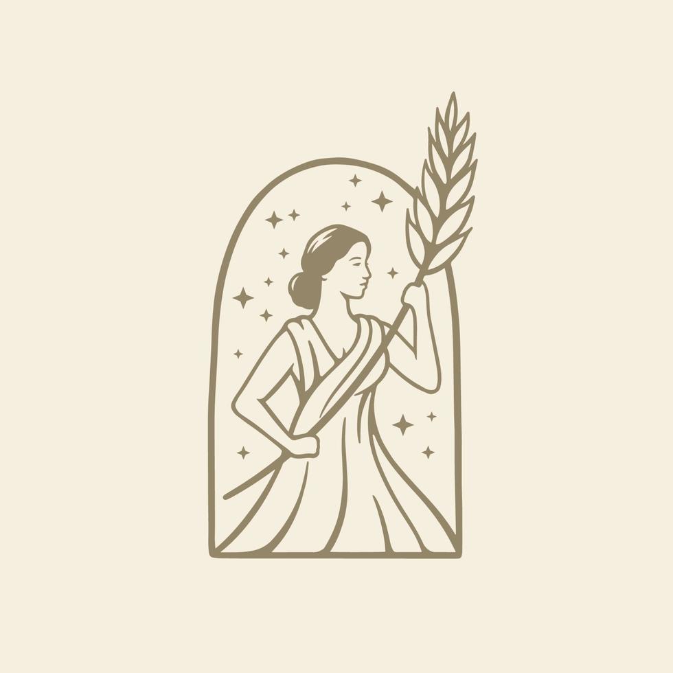 illustrazione dea greca nell'antica religione romana e mito tenere il grano. modello di progettazione del logo di birra, panetteria o bellezza vettore