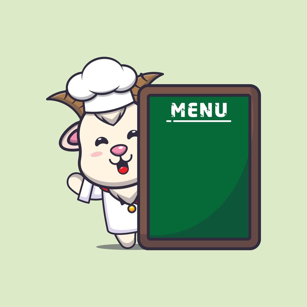 simpatico personaggio dei cartoni animati della mascotte del cuoco unico della capra con la scheda del menu vettore