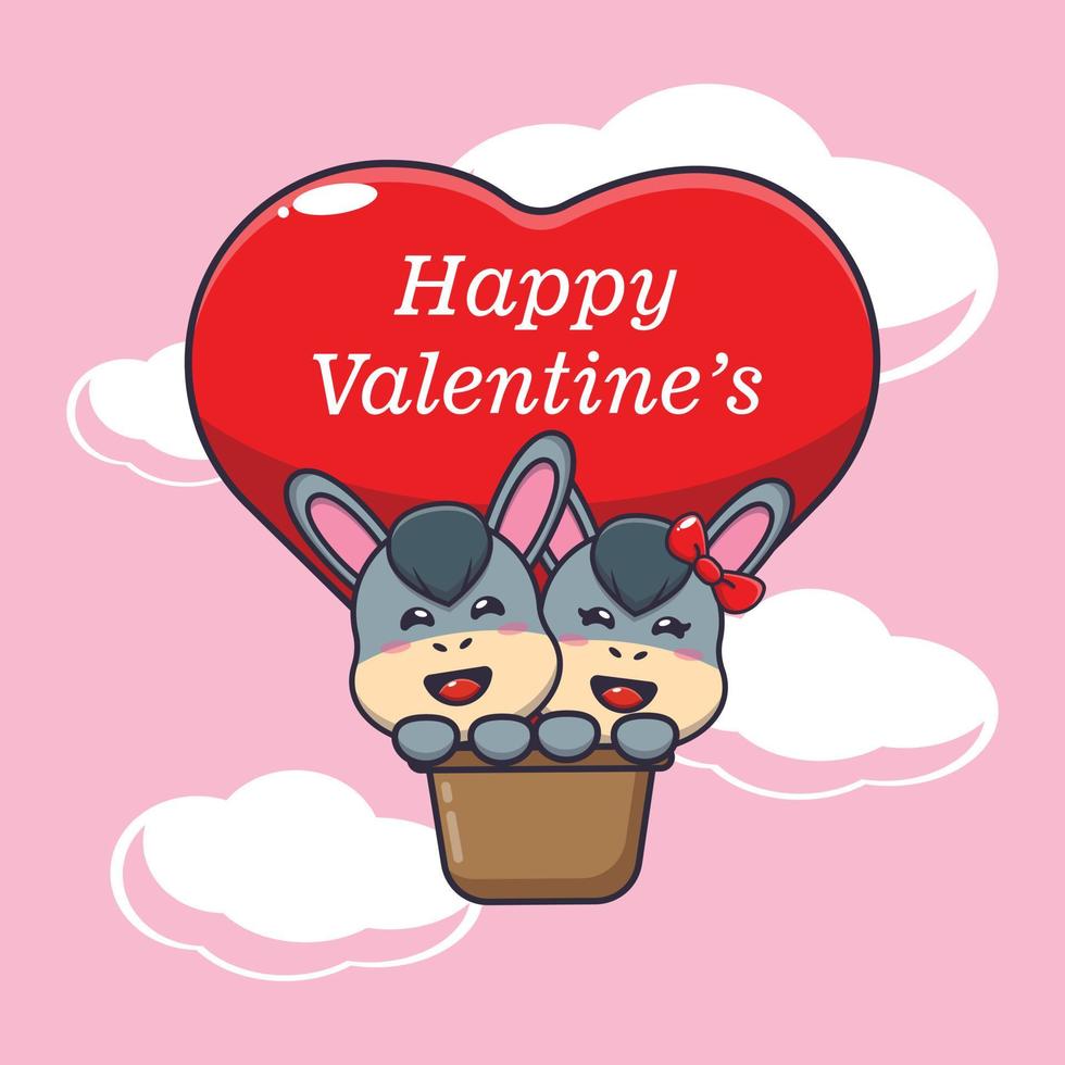 simpatico personaggio dei cartoni animati di asino volare con mongolfiera nel giorno di San Valentino vettore
