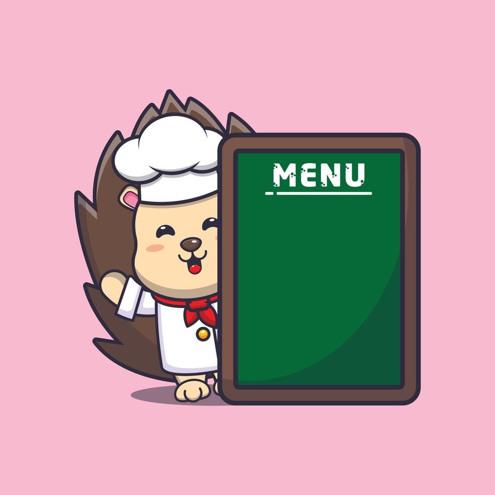 simpatico personaggio dei cartoni animati della mascotte dello chef riccio con la scheda del menu vettore