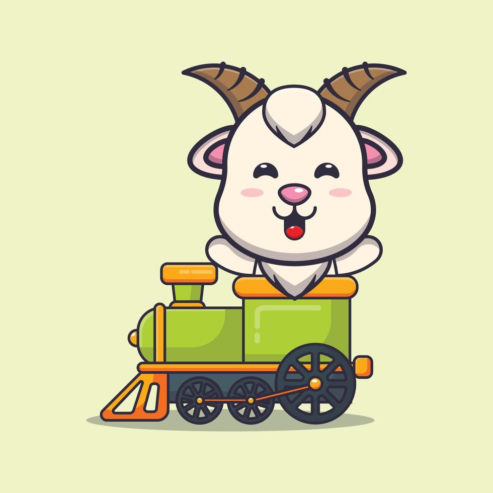 simpatico personaggio dei cartoni animati della mascotte della capra giro in treno vettore