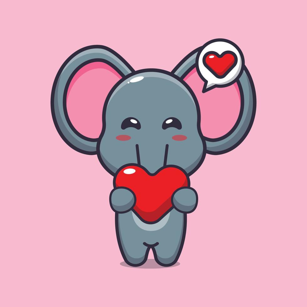 simpatico personaggio dei cartoni animati di elefante che tiene il cuore d'amore vettore