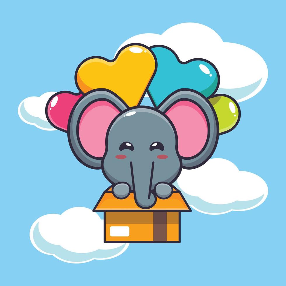 simpatico personaggio dei cartoni animati della mascotte dell'elefante vola con il palloncino vettore