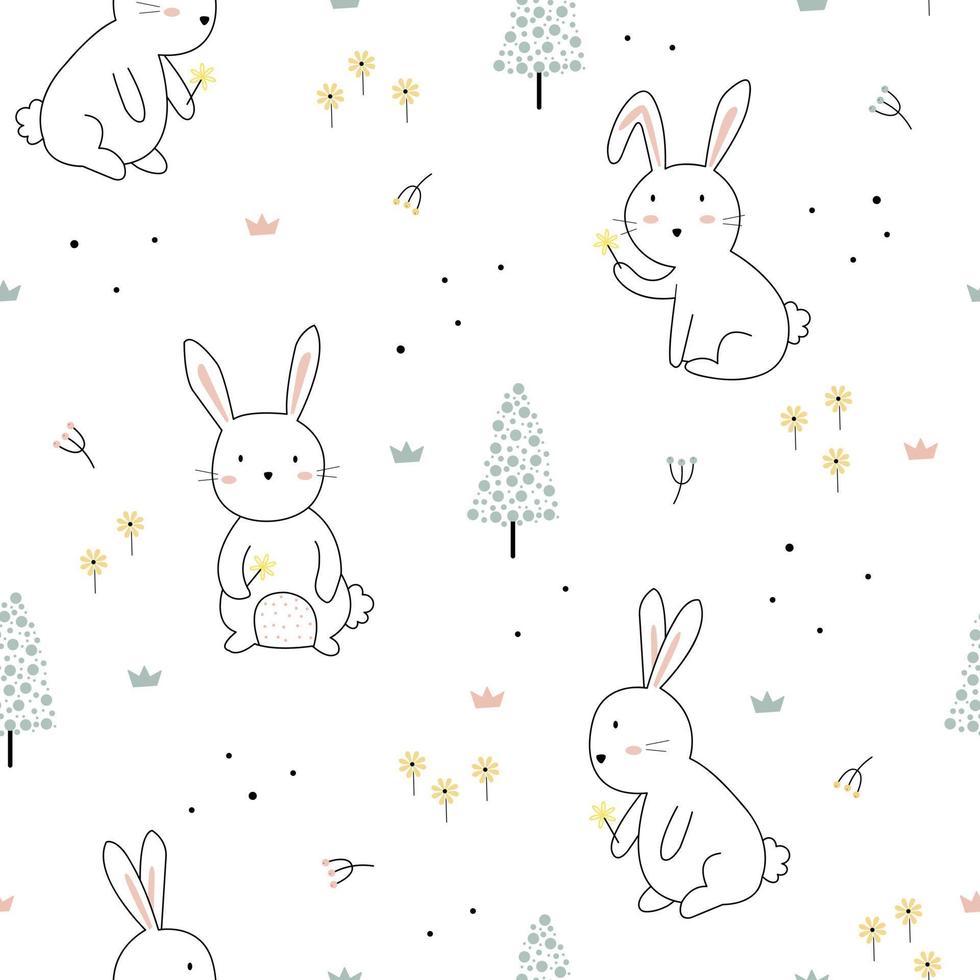 il modello senza cuciture per i bambini lo sfondo del personaggio dei cartoni animati del coniglio carino è per l'illustrazione di vettore del tessuto dei vestiti del bambino di confezionamento di regali di tipografia
