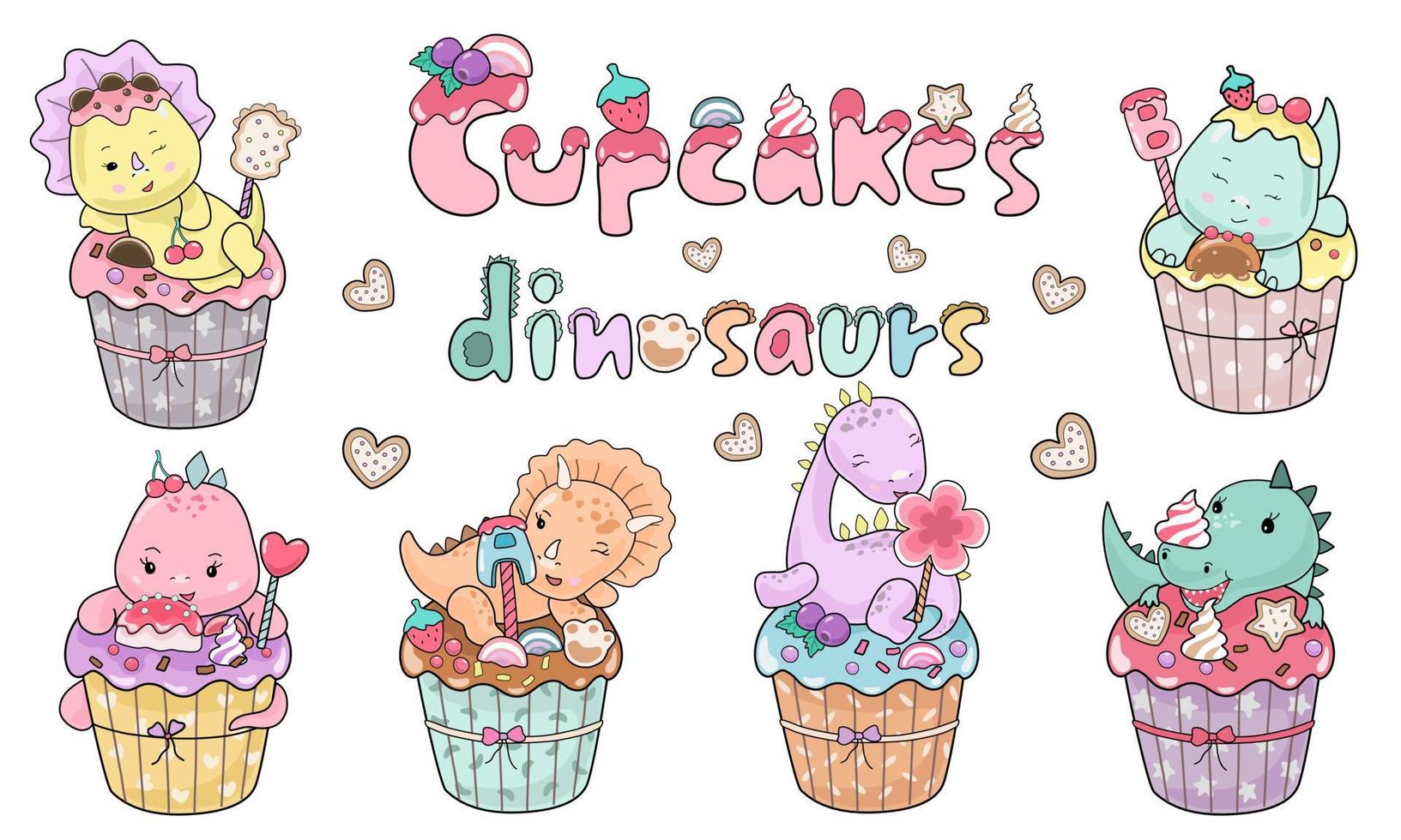 simpatici cupcakes colorati con dinosauri. stile scarabocchio vettore