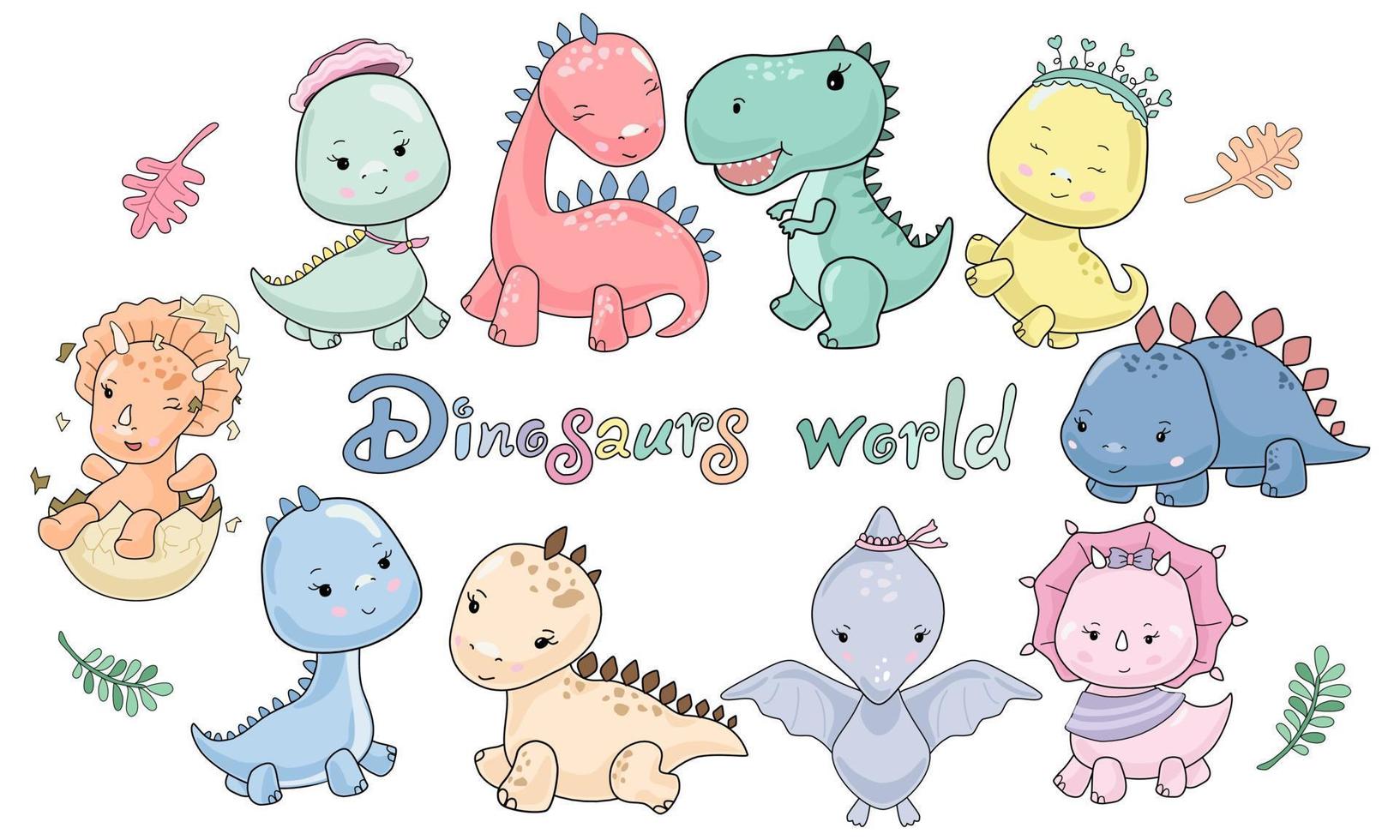 mondo di simpatici personaggi di dinosauri progettati in stile doodle pastello vettore