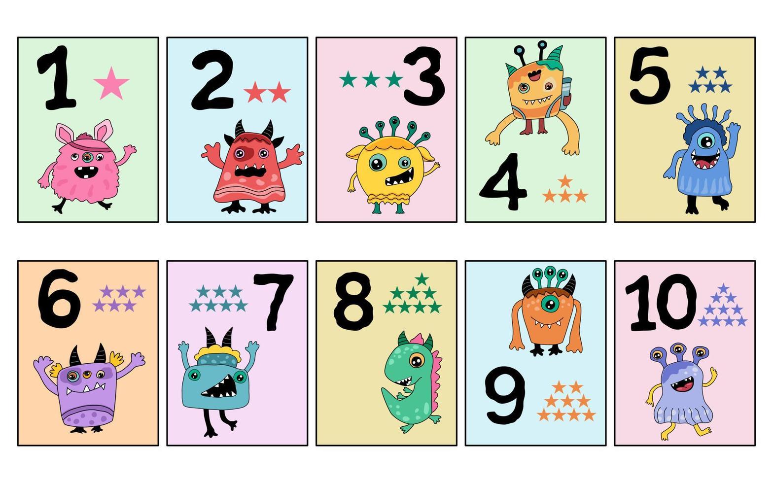 simpatici modelli di mostri numerano le flashcard in stile doodle vettore