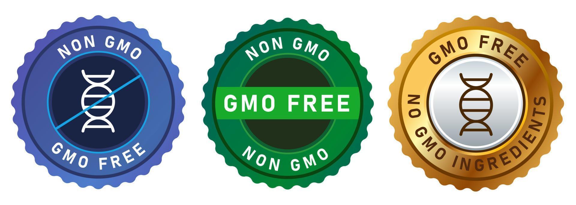 non OGM free nessun organismo geneticamente modificato set emblema adesivo tag distintivo simbolo in oro blu e verde vettore