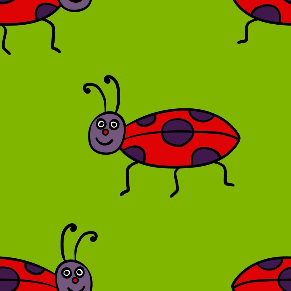 senza cuciture con coccinella lineare di doodle del fumetto, bug. sfondo di insetti. vettore