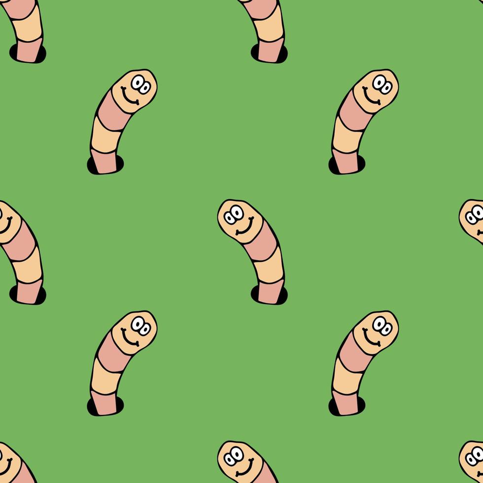 doodleacartoon lineare doodle retrò felice verme che striscia fuori da un modello senza cuciture del foro. sfondo animale. vettore