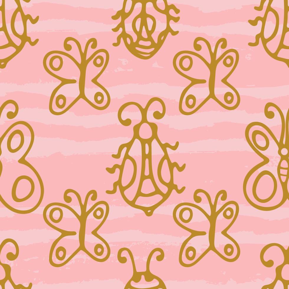 modello senza cuciture con farfalle sottili in oro disegnate a mano, insetti su strisce geometriche orizzontali rosa grunge. sfondo astratto carino estate. motivo geometrico infinito. vettore