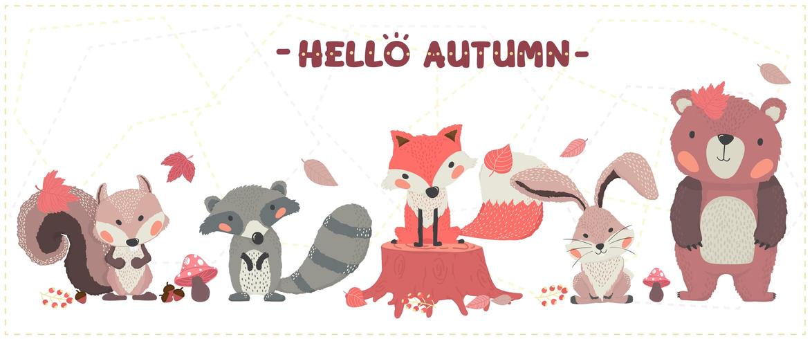 simpatico bosco di animali felice autunno volpe, procione, scoiattolo, coniglio e orso insieme vettore