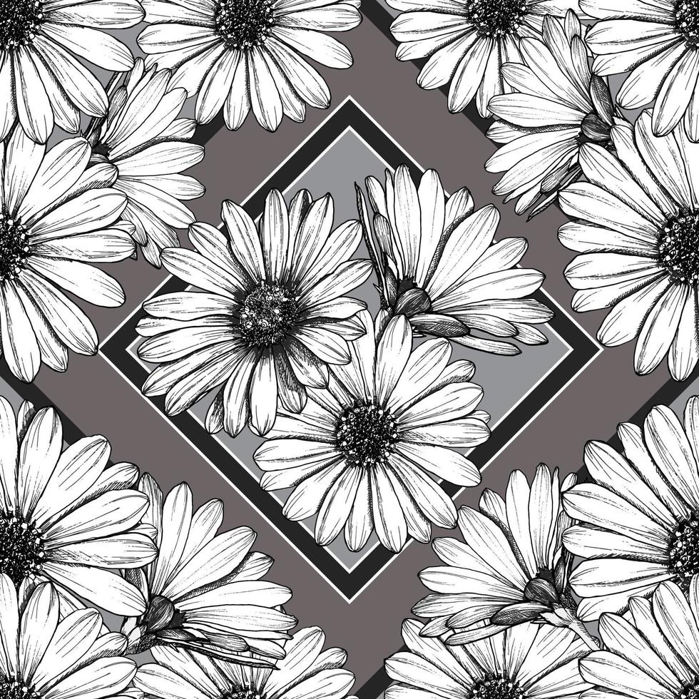 modello senza cuciture di vettore in bianco e nero con fiori a margherita disegnati a mano. tutti gli elementi sono raggruppati e isolati per una più facile modifica. illustrazione vettoriale.