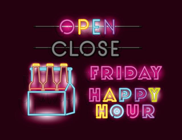 happy hour con birre bottiglie nel cestino font luci al neon vettore