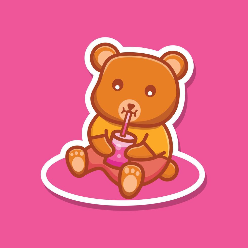 simpatico orso che beve succo di frutta illustrazione vettoriale adesivo