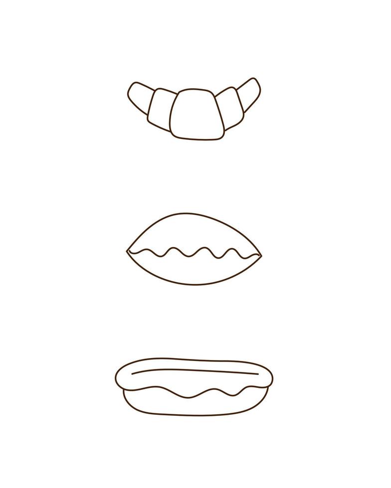 illustrazione del contorno di doodle di torta, croissant ed eclair della collezione di prodotti da forno. vettore