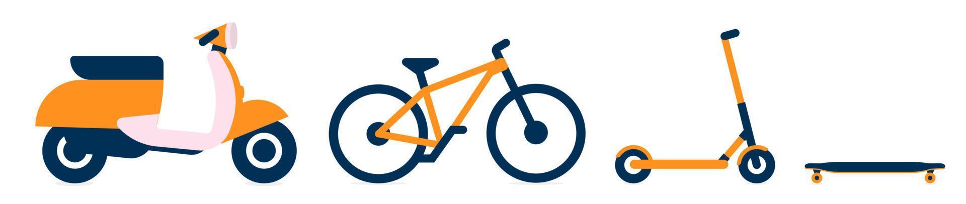 trasporto per il servizio di consegna cibo, set di icone di bici, bicicletta, monopattino e longboard. icone di trasporto elettrico per il servizio di noleggio. illustrazione vettoriale isolata.