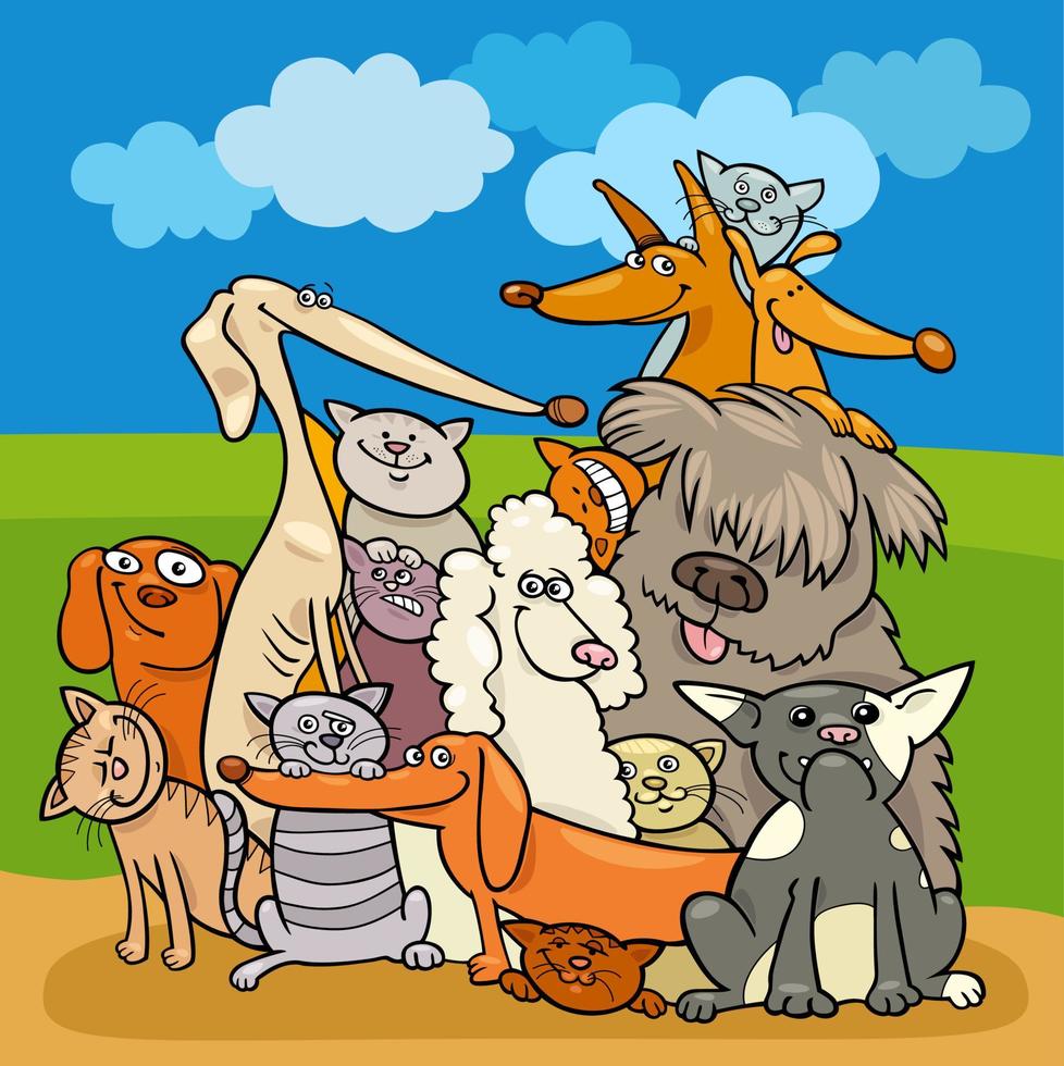 gruppo di personaggi dei fumetti di cani e gatti dei cartoni animati vettore