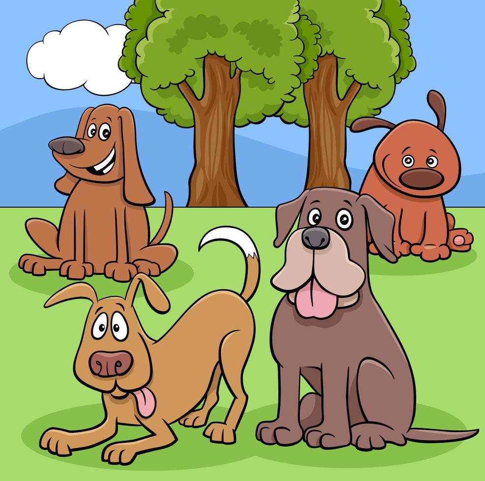 gruppo di personaggi divertenti di cani e cuccioli dei cartoni animati nel parco vettore