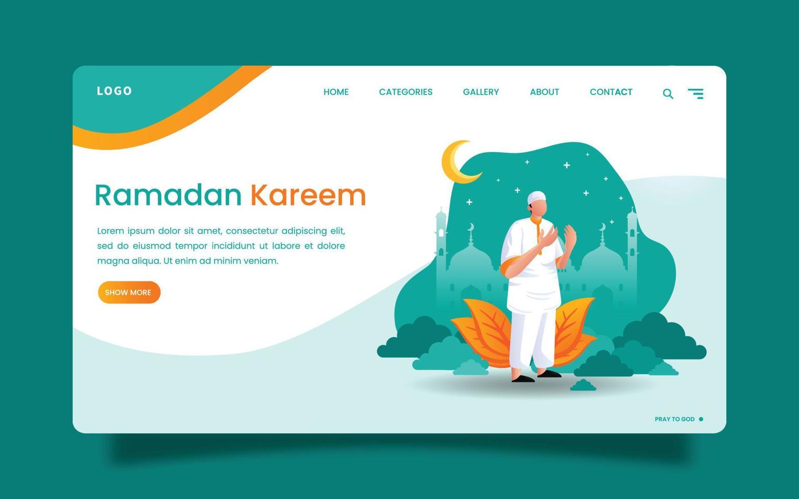 landing page - ramadan mubarak un uomo prega Dio con sfondo verde. vettore