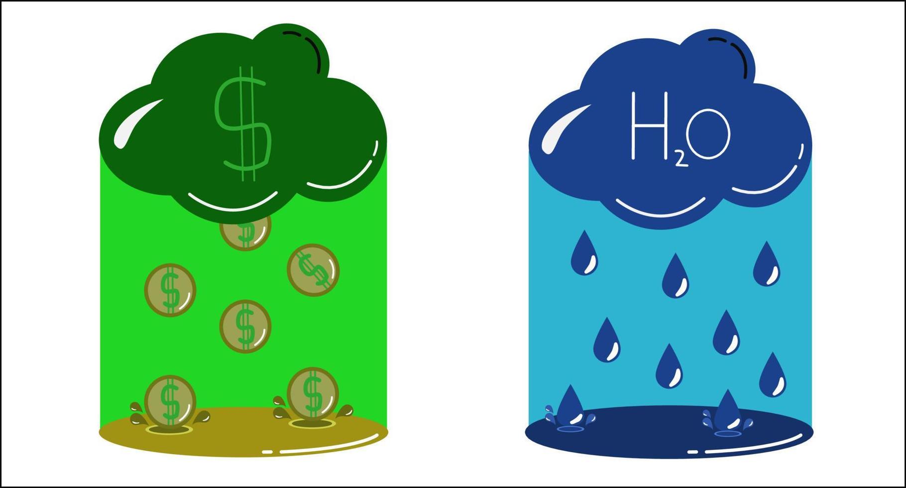 nuvola pioggia di soldi, monete di denaro che cadono dalla nuvola. nuvola e pioggia, stagione delle piogge, illustrazione vettoriale. vettore