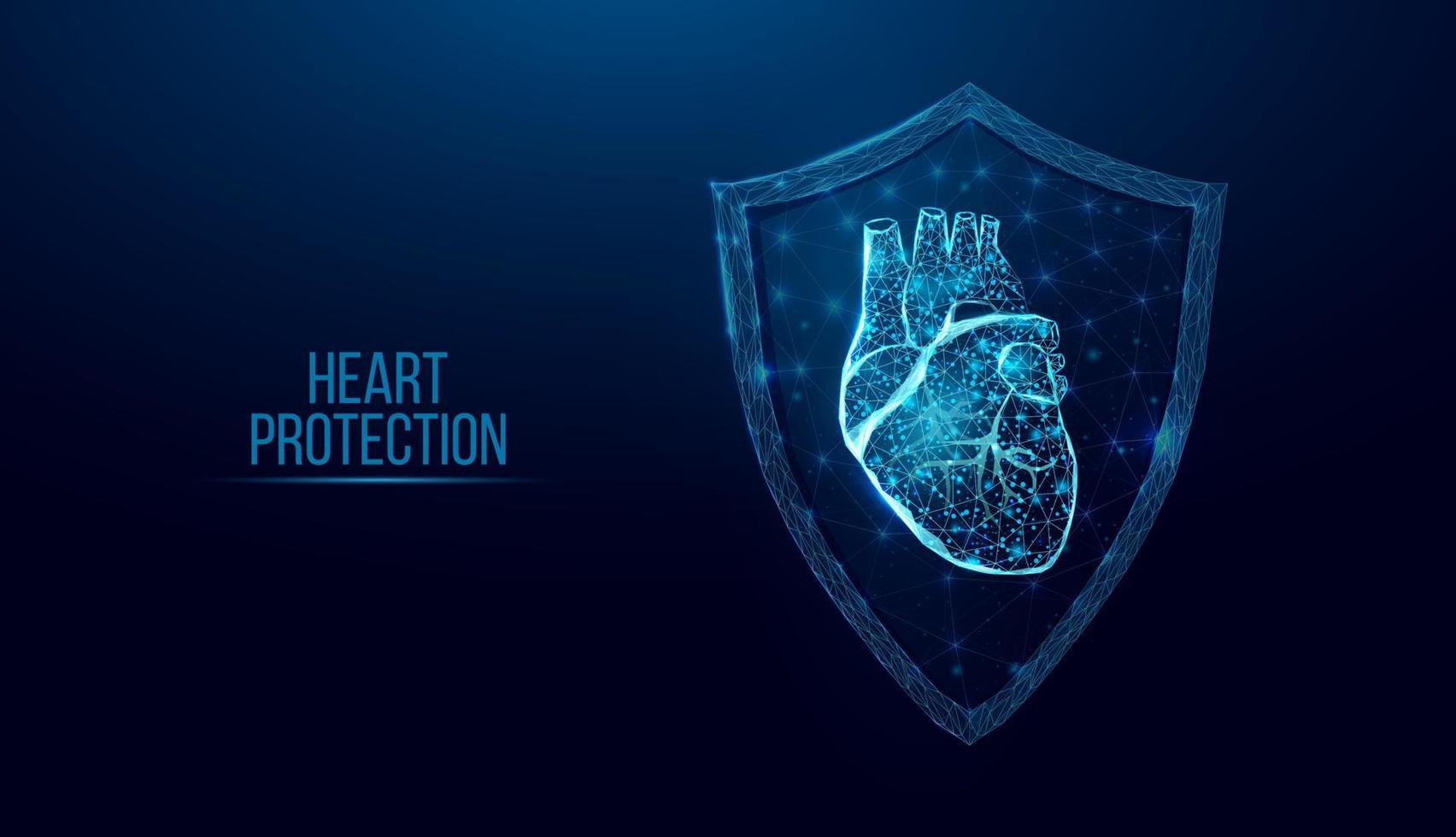 protezione del cuore umano. stile wireframe basso poli. concetto per la scienza medica, la malattia cardiologica. illustrazione vettoriale astratta moderna 3d su sfondo blu scuro.