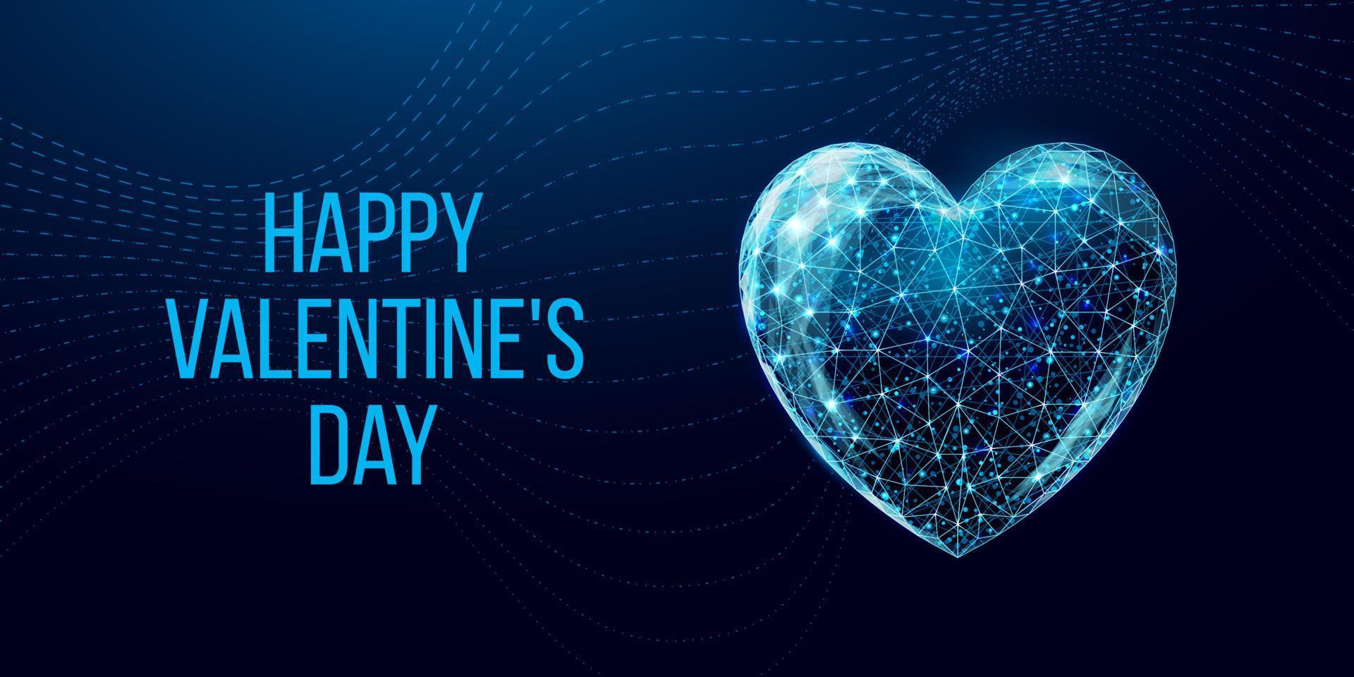 banner di buon san valentino. cuore wireframe in stile low poly. illustrazione vettoriale astratta moderna 3d su sfondo blu scuro.