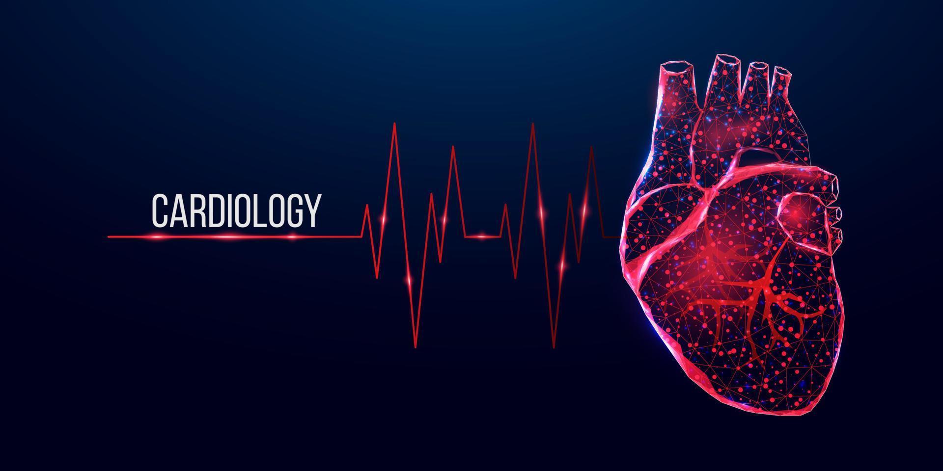 banner di concetto di cardiologia. cuore rosso stile poli basso wireframe. illustrazione vettoriale astratta moderna 3d su sfondo blu scuro.