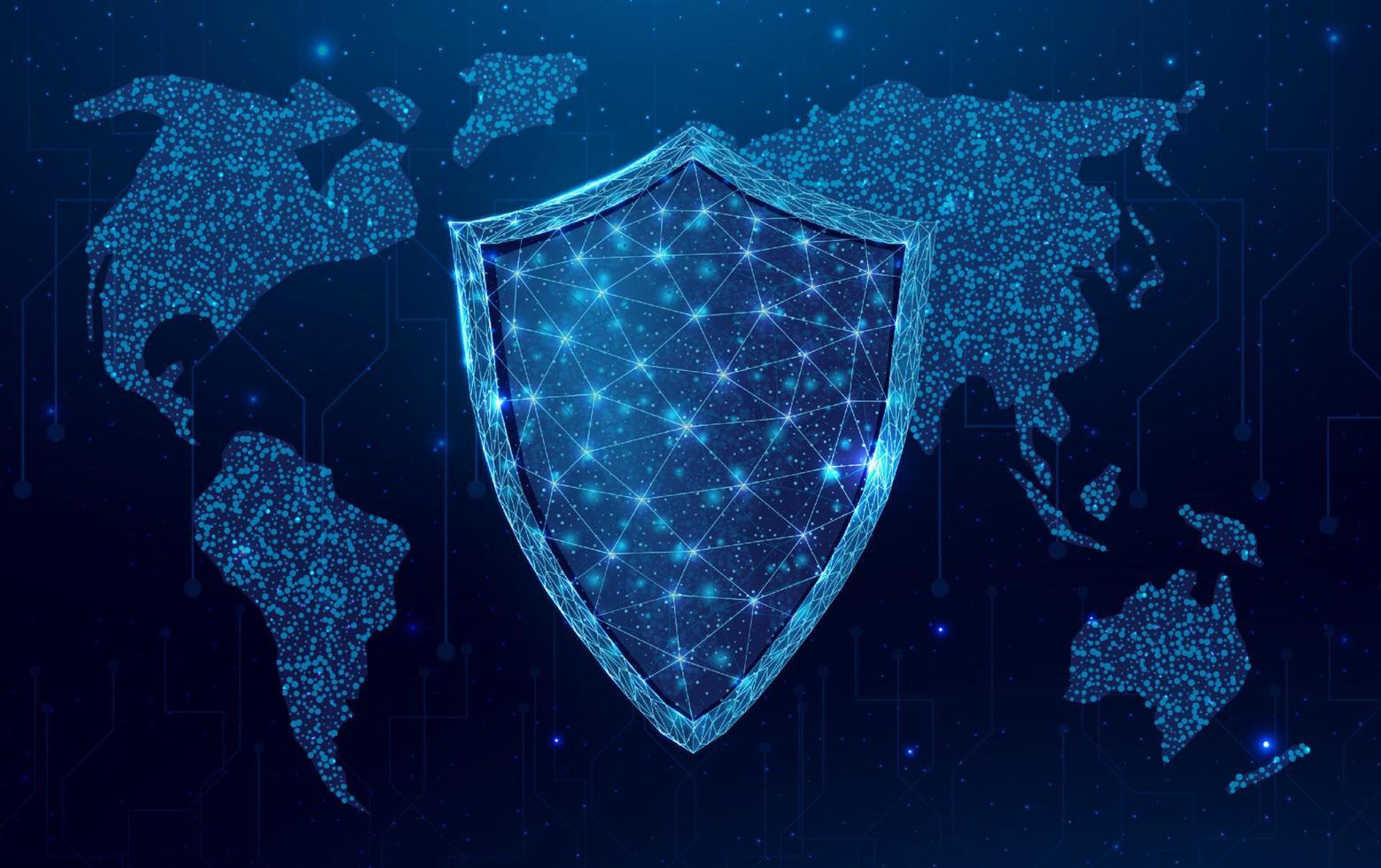 scudo poligonale wireframe con mappa del globo. sicurezza informatica, concetto di protezione mondiale con protezione low poly incandescente. sfondo astratto moderno futuristico. illustrazione vettoriale. vettore