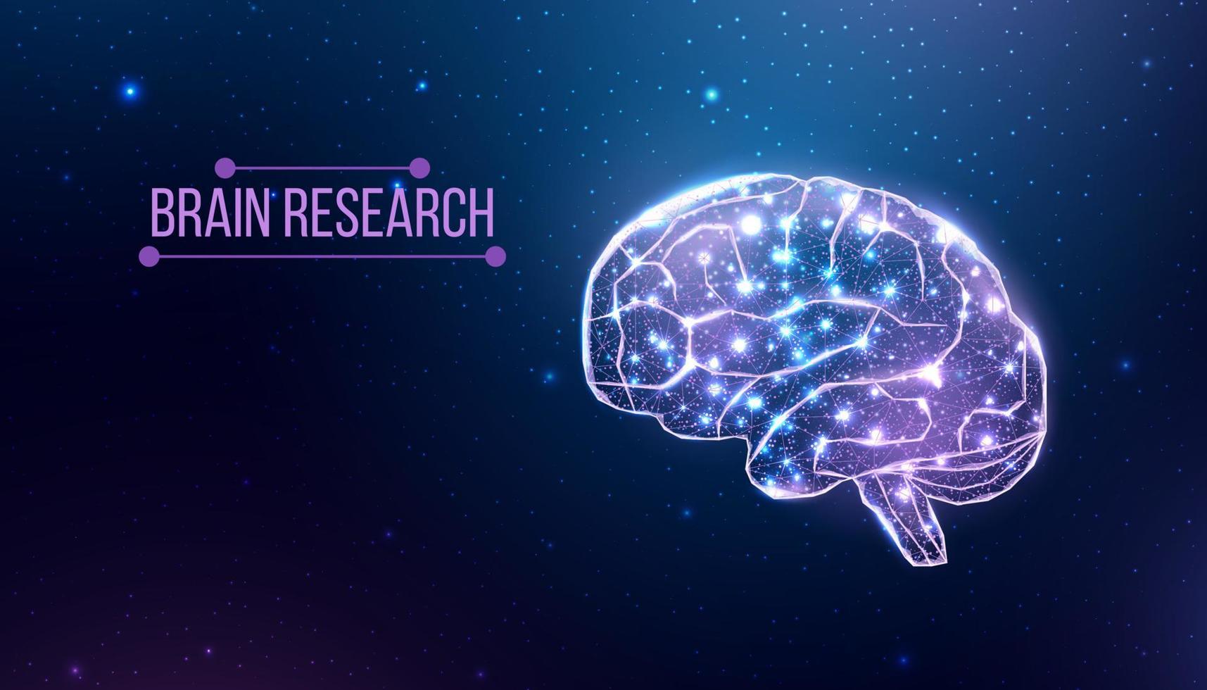 ricerca sul cervello umano. stile wireframe basso poli. concetto per medicina, cancro al cervello, rete neurale. illustrazione vettoriale astratta moderna 3d su sfondo blu scuro.