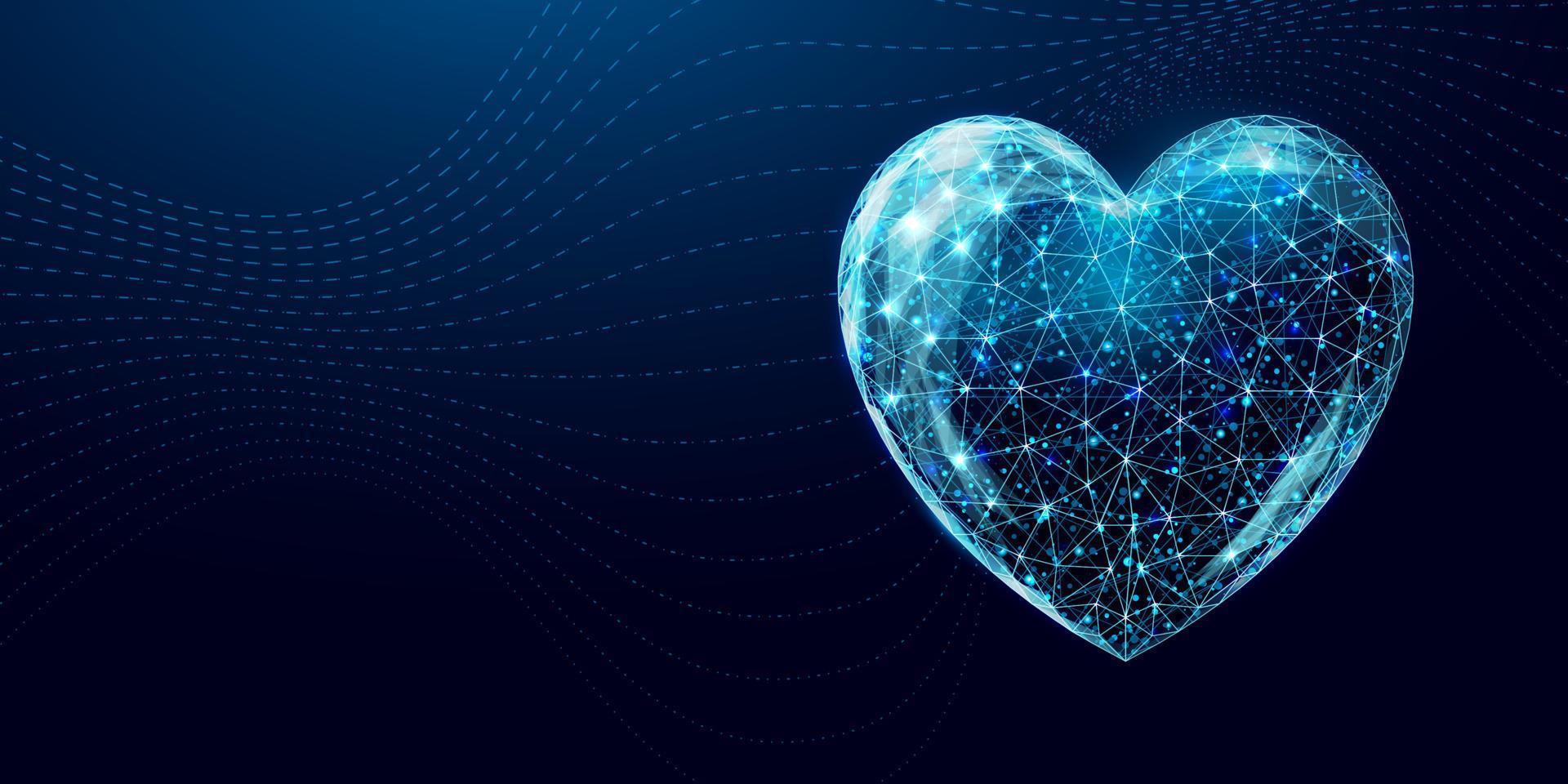 cuore blu. felice concetto di san valentino. stile wireframe basso poli. illustrazione vettoriale astratta moderna 3d su sfondo blu scuro.
