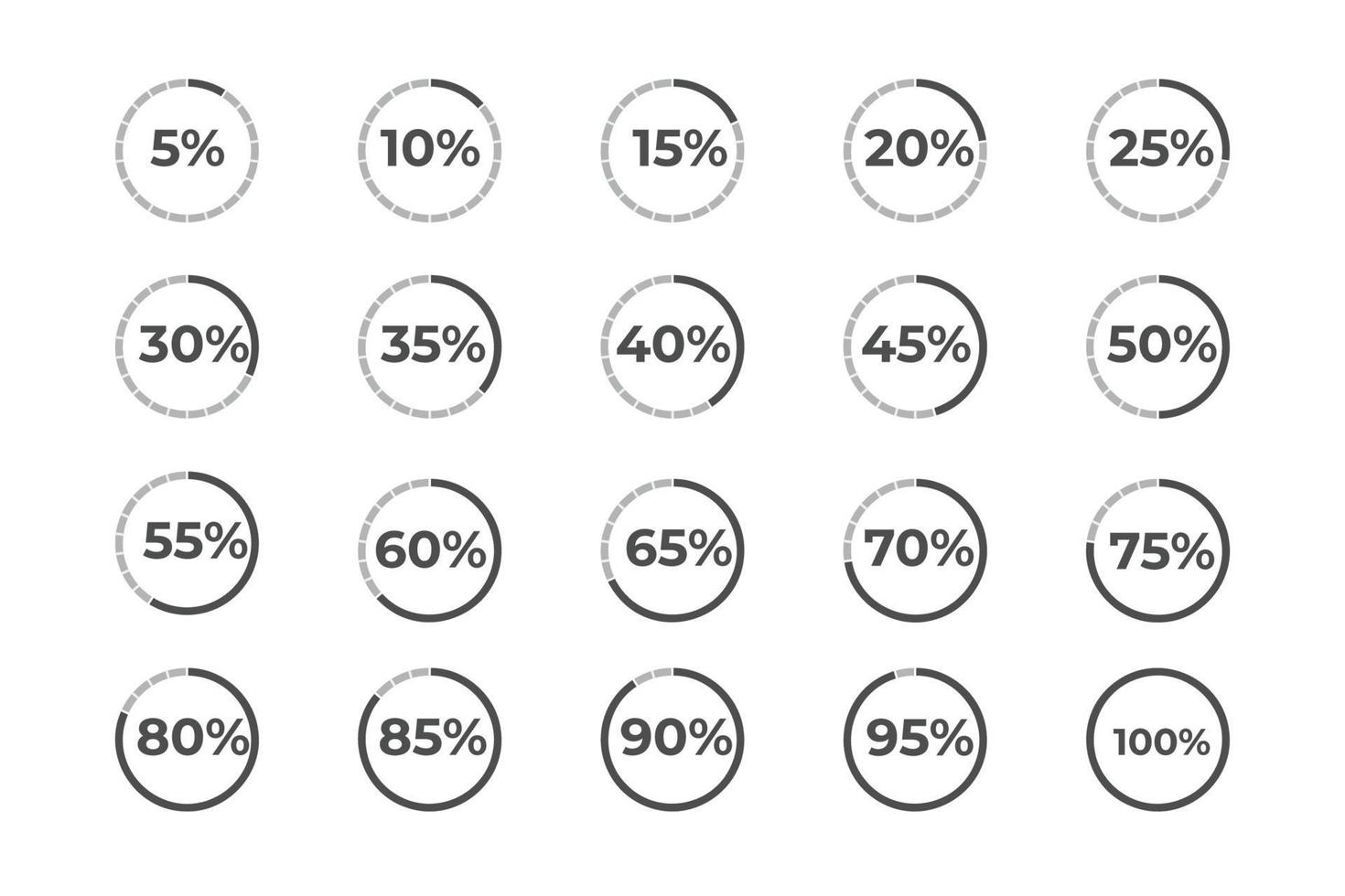 set di diagrammi percentuali circolari infografica in bianco e nero. percentuale di contorno nero isolata su sfondo bianco. cerchi divisi per percentuale. vettore del misuratore di percentuale in bianco e nero.