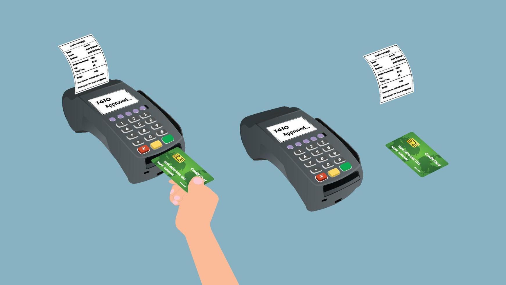 lettore di carte di credito con un vettore a mano. illustrazione piatta di una mano che tiene la carta di credito. lettore di carte di credito piatto con ricevuta di cassa e mano umana. vettore di sistema bancario e di pagamento online.